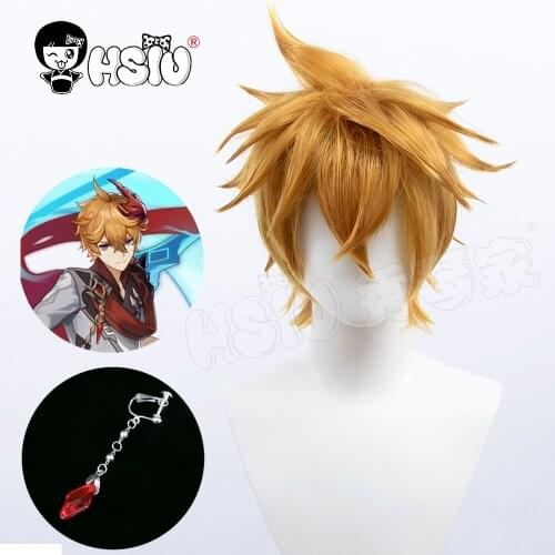 Tartaglia cosplay wig Genshin Impact cosplay「HSIU 」Fiber synthetic wig Golden brown short hair+Free Brand wig Cap+earrings