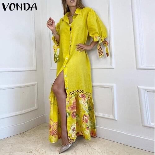 Patchwork Shirt Dress 2021 VONDA Women Elegant Robe Lapel Collar Floral Printed Long Maxi Dresses Sexy Party Pleated Vestido