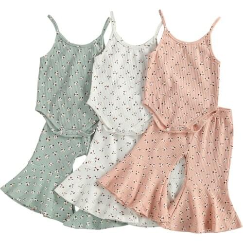 Pudcoco 1-3Y 2Pcs Toddler Summer Lovely Baby Girls Clothes Sets Flowers Printed Sleeveless Romper Top+Flare Elastic Pants Outfit