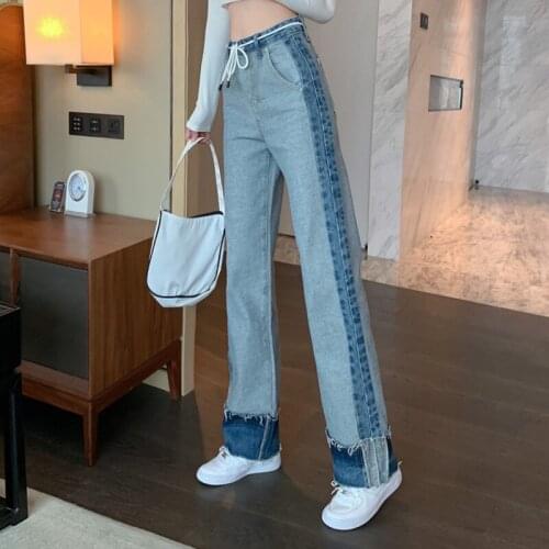 Plus Size Side Stripe Inside-Out Patchworked Straight Jeans Mom 4XL Women High Waist Demin Pants Streetwear Loose Long Trousers