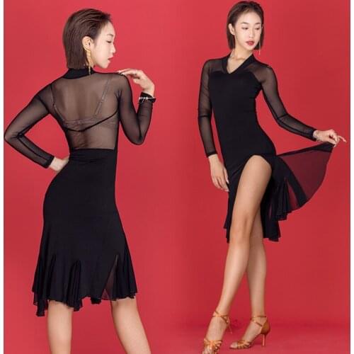 Mesh Latin Dance Dress Women Black Samba Dance Outfit Designer Clothes Sexy Stage Costume Salsa Dress Tango Dancewear JL3258