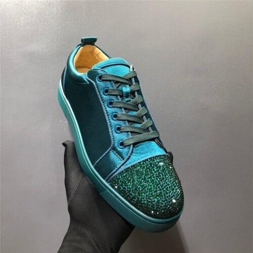 Silk Men Low Top Leisure Sneakers Round Toe Flats Sequin Crystal Bottom Luxury Lace-Up Summer Sport Blue Popular Waterproof Shoe