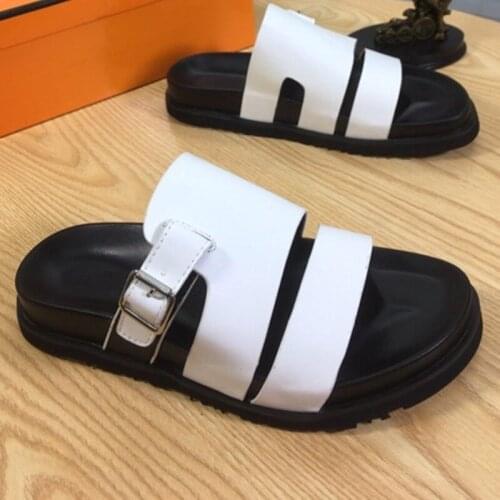 Fast Delivery 2021 Summer Buckled Men Shoes Genuine Leather Slip On Men Slippers Flips Flops Size 40-45