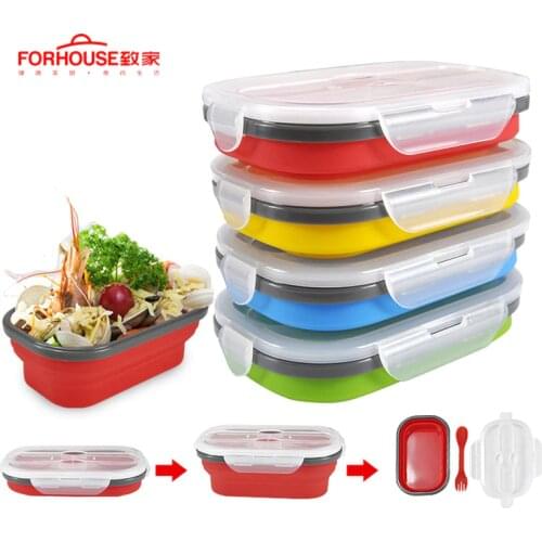 800ml Silicone Collapsible Lunch Box Food Storage Container Bento BPA Free Microwavable Portable Outdoor Box with spoon