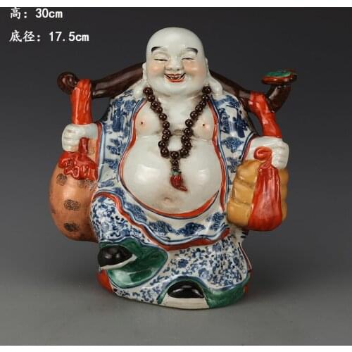 Antique QingDynasty porcelain statue,Blue pastel bag Buddha sculpture ,Hand-painted crafts,Collection&Adornment,Free shipping