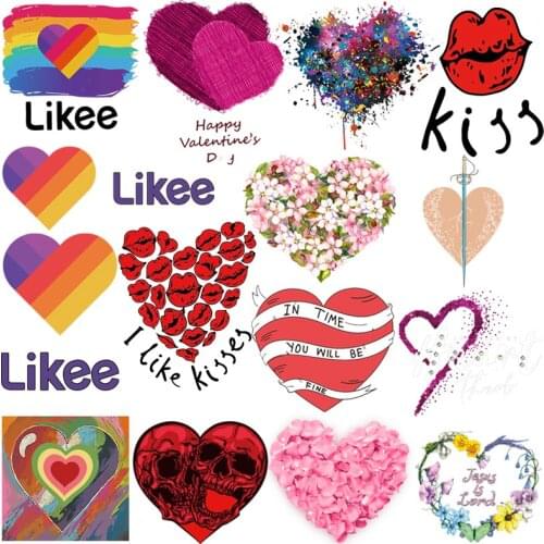 Pink Heart Applique Heat Transfer Vinyl Stickers on Womens T Shirt Love Flower Iron On Transfers For Clothing Thermo-Stickers