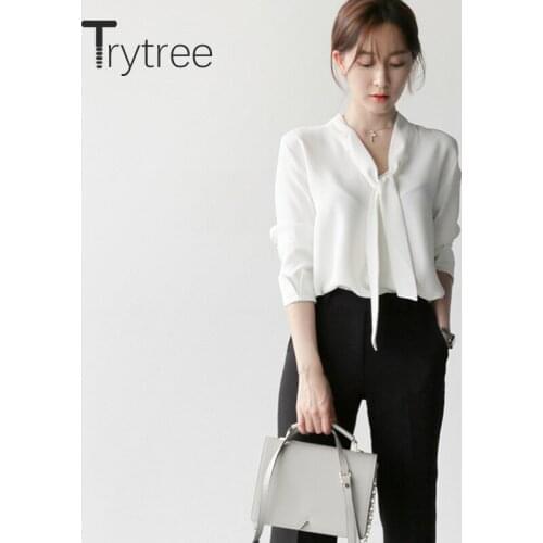 Trytree 2020 Spring Autumn Blouse Women Casual V-neck Bow Solid 2 Color Loose Fashion All-Purpose Style Office Lady Blouse Tops