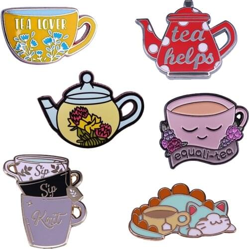 Tea Lover Brooch Equali-tea Scented Teapot Teacup Enamel Brooch Pins Badge Lapel Pin Alloy Metal Fashion Jewelry Accessories