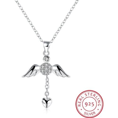 LEKANI Genuine 925 Sterling Silver Necklace Fine Jewelry Angel Wings with A Heart Pendant Necklace Statement Choker Holiday Gift