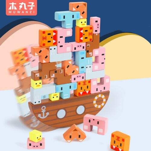 Children Montessori Wooden Animal Balance Blocks Board Games Toy Educational Stacking High Building Blocks Wood Toy Boys Gifts