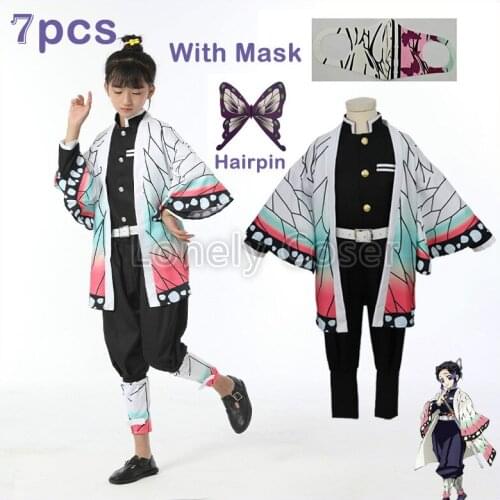 Kids Kochou Shinobu Cosplay Costume Anime Demon Slayer Kimetsu no Yaiba Cloak Suit Props Party Children Kimono Uniform Girl