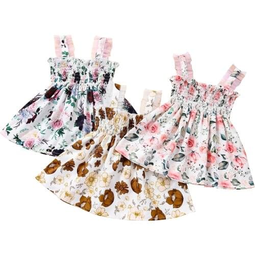 Children Floral Print Sling Dress, Sleeveless Low-cut High Waist Dress with Ruffles for Summer 1-5T