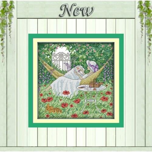 Leisure afternoon girl garden painting counted print on canvas DMC 11CT 14CT Chinese Cross Stitch kits embroidery needlework Set