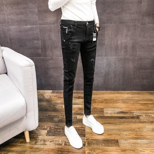 Black casual wild mens jeans men 2020 spring autumn Fashion ripped hole street slim Korean trendy thin feet skinny pants men