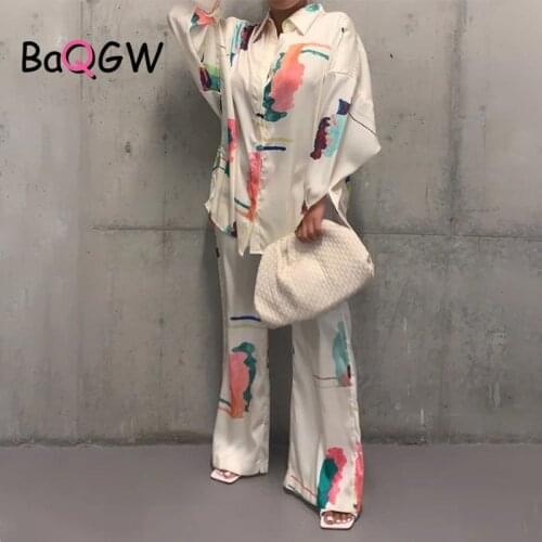 BaQGW Elegant Womens Home Wear Long Sleeve Wide Legged Pants Printed Loose Two Piece Set Autum Chic Blouse Office Lady Outfits