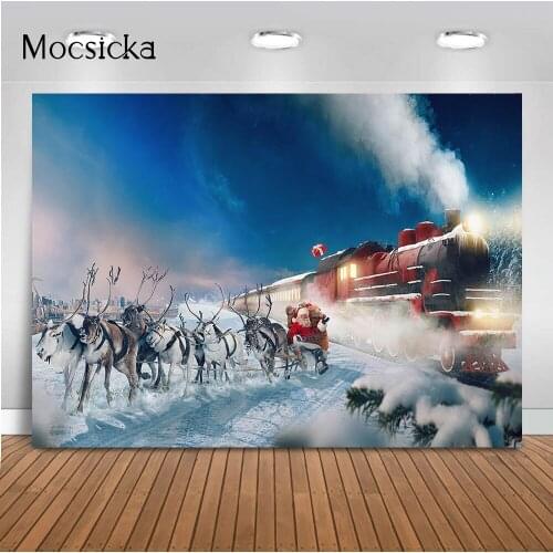 Winter Snow Christmas Photo Background Santa Claus Merry Christmas Winter train Photography Backdrop Snwoflake Photocall Prop