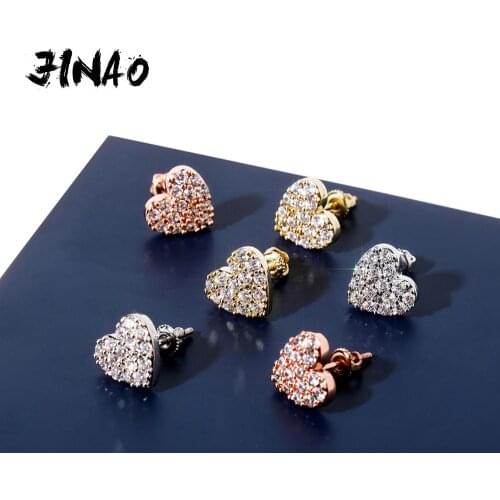JINAO 925 Silver Delicate Women Heart shape Ear Stud Iced Out Cubic Zirconia Earring Hip Hop Women Sterling Silver Jewelry