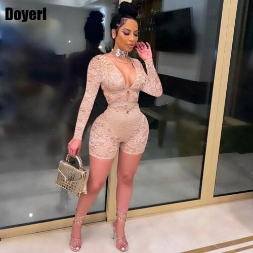 Club Sexy Sheer Lace Jumpsuit Romper Overall Women Long Sleeve V Neck Party Elegant Bodycon Romper Shorts Women One Piece Outfit