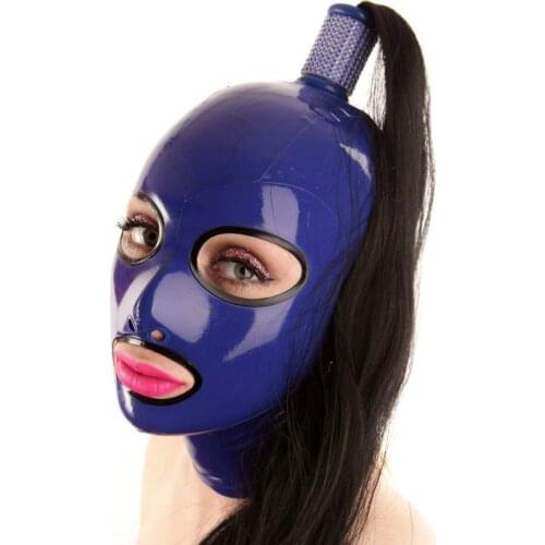 Latex Hoods with Hair Pigtail Dark Blue Latex Rubber Mask Sexy Handmade Headgear Hairpieces Wigs Open Eyes Mouth
