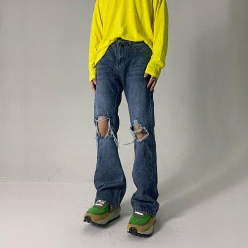 EukaaRu Retro Blue Summer Micro Flared Pants Men Fashion Disrassed Jeans Mens Wide Leg Pants Hip Hop Personalize Trousers Pants