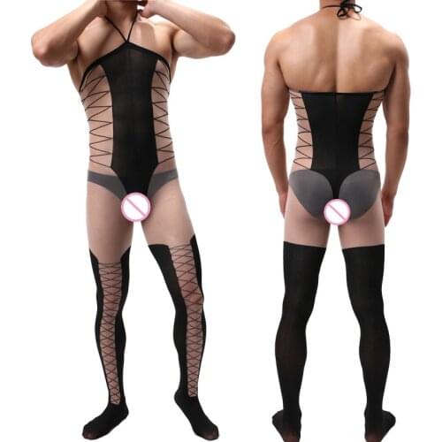 Mens Underwear See Through Lingerie Man Jacquard Suspenders Siamese Bodystockings Adult Gay Transparent Nightwear Sexy Clothes