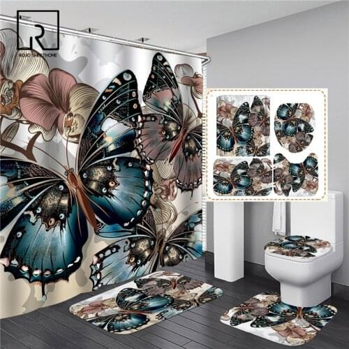 Big Butterflies with Flowers Print Shower Curtain Set 3D Elegant Flannel Toilet Lid Cover Anti-slip Kitchen Mat Rug Home Carpets