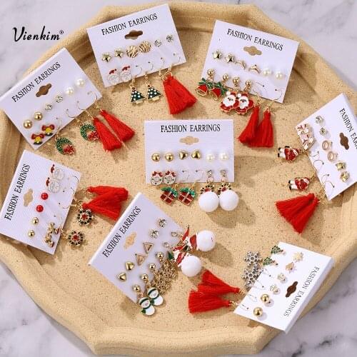 Vienkim Christmas Earrings For Women Christmas Deer Christmas Tree Stud Earings Set Jewelry Year Gifts Geometric Earring 2020
