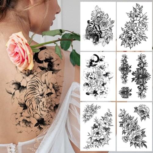 Moon Tiger Flower Tattoos For Women Girls Beauty Rose Blossom Peony Tattoo Sticker Black Orchid Flora Fake Body Art Tatoos Back