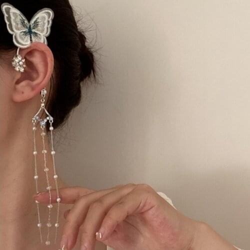 U-Magical Korean Fairy Embroidery Butterfly Long Tassel Imitation Pearl Clip Earring for Women Rhinestone Flower Earring Jewelry