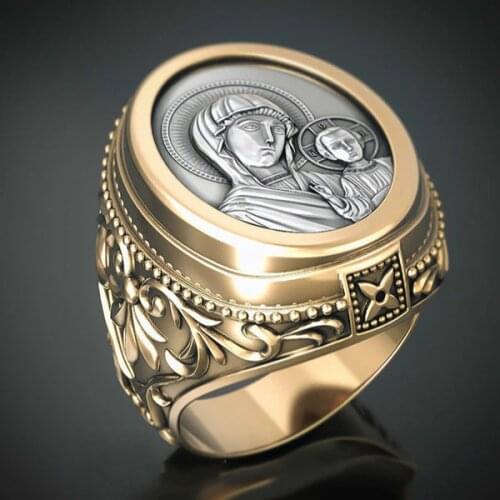 Vintage Luxury Gold Color Orthodox Virgin Mary Religion Ring for Men Women Legendary Mythology Punk Rings Holiday Jewelry Gift