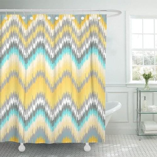 Blue Pastel Yellow Traditional Ikat Zig Zag Gradient Colorful Shower Curtain Waterproof Polyester Fabric 72 x 72 Inches