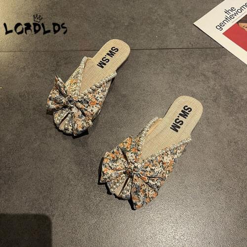 LORDLDS Bowknot Flat Slippers Womens Summer House Outwear 2021 Flat-Bottom Korean Fashion All-match Floral Sandals