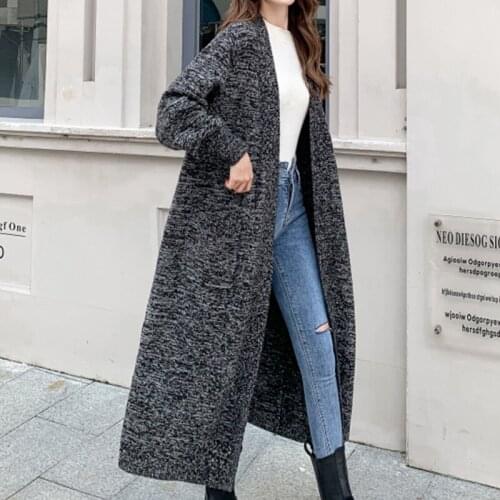 Oversized Autumn Woolen Long Cardigan Women Winter New Gray Thicken Elegant Sweater Adjustable Waist Loose Knit Cardigan Korean