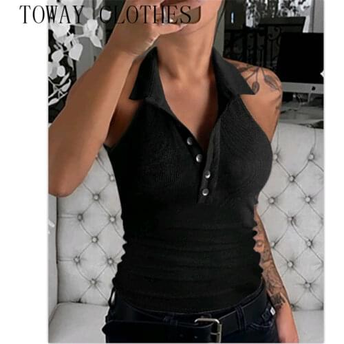 Women Solid Black O Neck Elegant Sleeveless Buttoned Design Elegant Sexy Summer Tank Top