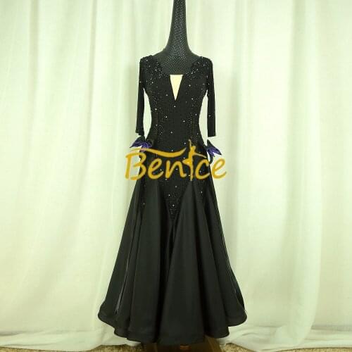 Ballroom Competition Dress Black Tight Long Swing Rhinest Modern Standard Tango Waltz Latin Dancing Dress Dance Wear For Women