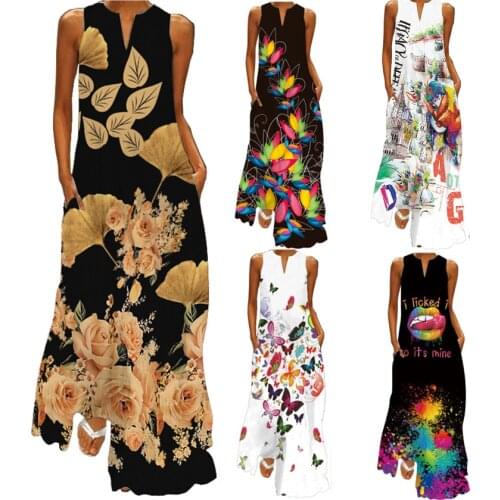 Floral Print Womens Dress 2021 Elegant Casual Long Summer Dresses Woman Vintage Beach Sleeveless Maxi Dress Women Sundresses