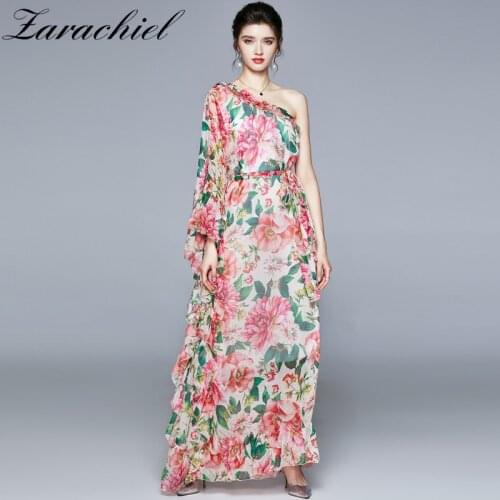 2021 Summer Holiday Loose Dress Women One Shoulder Batwing Sleeve Oversized Bohemia Charming Print Ruffles Maxi Long Dress