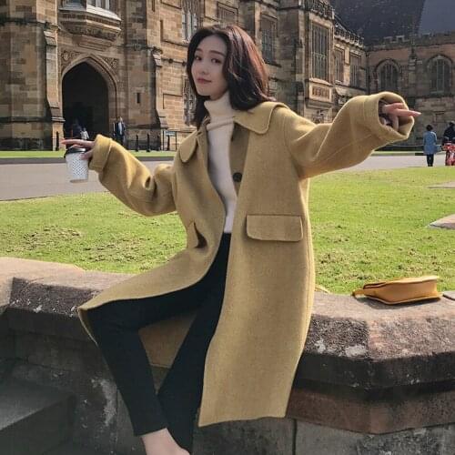 College Style Yellow Woolen Coat Female Fashion Elegant Wool Coat Lapel 2020 Womens Casual Winter Cashmere Coat Women Sale Q129