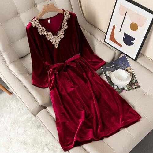 Fdfklak Golden velvet Nightgown Autumn New Long Sleeve Night Dress Lingerie Black/Pink Sleepwear Femme Keep Warm Homewear