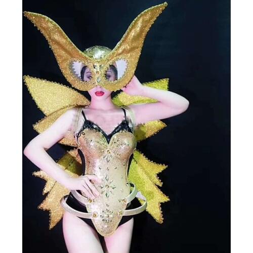 Golden Dragonfly Wing Bodysuit Nightclub WomenS Rave Outfits Singer High End Performance Clothes Gogo Dance Costume VDB3388