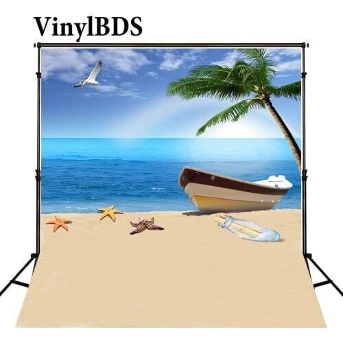 VinylBDS Summer Vacation Beach Background Baby Scenery Sea Backdrop Blue Sky Wood Vessel Children Backdrop for Photo Studio