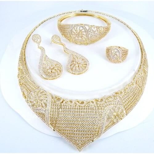 2021 new fashion Vintage luxury crystal CZ zircon golden necklace earring bracelet ring set wedding bride dressing jewelry set