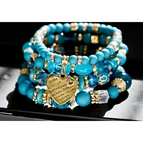 4pcs/Set Fashion Boho Blue Bracelets&Bangles Women Summer Gold Heart Beaded Bracelet Colorful Stone Wrap Bracelet For Women