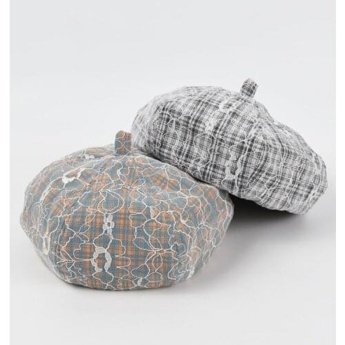 OMEA Floral Lace Beret Women Japanese Plaid Painter Hat Embroidery Pumpkin Hat Retro Lolita Beret Sweet Cap Kawaii Mushroom Hat