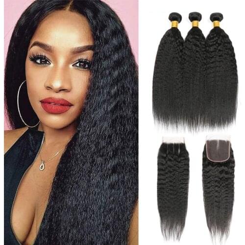 Brazilian Kinky Straight Bundles With Closure 3 Bundlles Human Hair with Lace Closure
