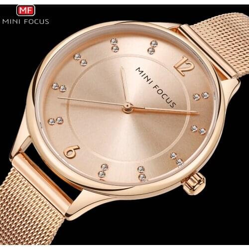 MINIFOCUS Minimalist Rose Golden Elegant Quartz Women Watches Top Brand Luxury Mesh Strap Crystal Dress Chic Ladies Wrist Watch