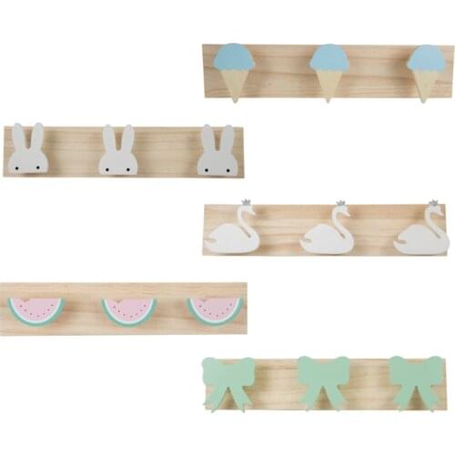 Children room Wall mounted Storage Rack Hanger with Multi hook Wooden Clothes Peg Cartoon shelf