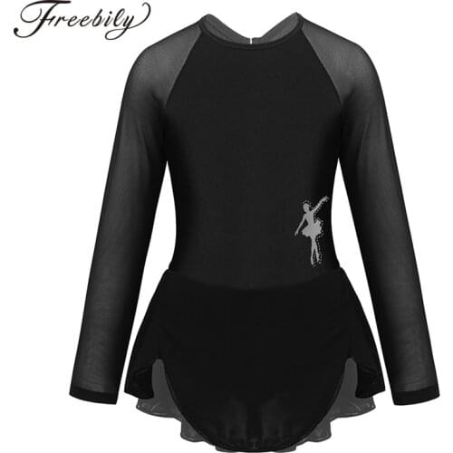 Kids Long Sleeves Tulle Splice Ballet Figure Skating Dress Ballroom Girl Gymnastics Leotards Ballerina Stage Performance Costume