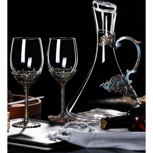 Enamel color Glass Cup European Crystal Glass retro Red Wine Glass Cup Wine Bottle Glass High feet Wine Cup Wedding Party Gift