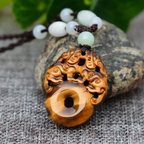 Natural Yellow Tiger Eye Stone Pendant Carved PIXIU Peace Buckle Pendant Necklace Gift for Women Men Jades Stone Jewelry +rope